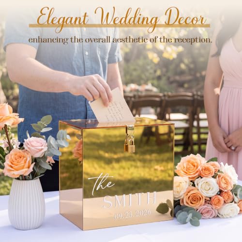 Novabright 10 Inches Wedding Acrylic Card Box with Slot Lock and Last Name Transfers Money Box for Bridal Shower Wedding, Baby Shower Birthday Party, No Assembly Needed(Gold,Classic Style) - color: Gold, style: Classic Style