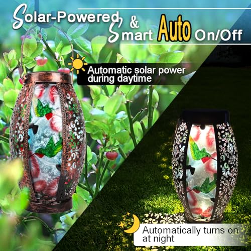 Hanging Solar Lantern Waterproof Garden Light Hummingbird-New | Glass & Metal, Tabletop Light with Hollowed-Out Design for Garden Patio Table Decor, Gifts for Friends and Family - style: Hummingbird+Flower