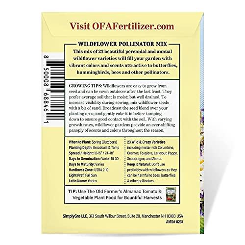 The Old Farmer's Almanac Premium Wildflower Seeds 23 Variety Pollinator Mix - Non-GMO, Open Pollinated - Columbine Cosmos Foxglove Larkspur Poppy Snapdragon Zinnia - Attracts Butterflies Bees Birds