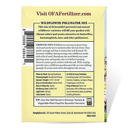 The Old Farmer's Almanac Premium Wildflower Seeds 23 Variety Pollinator Mix - Non-GMO, Open Pollinated - Columbine Cosmos Foxglove Larkspur Poppy Snapdragon Zinnia - Attracts Butterflies Bees Birds