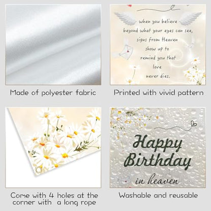 Happy Birthday in Heaven Door Banner Remembrance Memorial Decorations Funeral Memorial Door Banner Heavenly Birthday Remembrance Sign for Cemetery 70.8 * 35.4 inch White