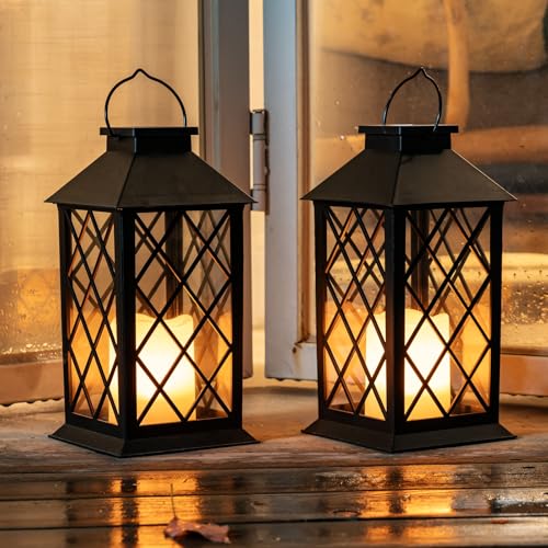Homemory 2 Pack 13'' Black Solar Lanterns, Flickering Flame Hanging Lights - color: Black