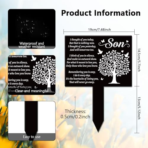 GLOBLELAND Rectangular Son Tree Garden Stake Tree Birds Memorial Remembrance Son Texts Plaque Acrylic Stake Heart Blessing "Think of You Every Day" Garden Plaque for Yard Grave Cemetery