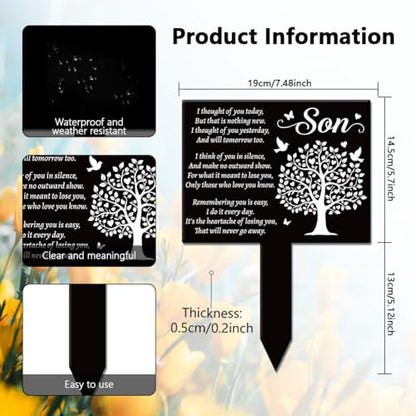 GLOBLELAND Rectangular Son Tree Garden Stake Tree Birds Memorial Remembrance Son Texts Plaque Acrylic Stake Heart Blessing "Think of You Every Day" Garden Plaque for Yard Grave Cemetery