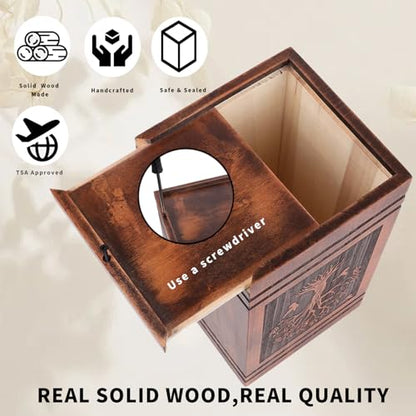 Wooden Cremation Urns for Human Ashes Adult Female Male, Handcrafted Solid Wood TSA Approved Tree of Life Urn for Ashes for Women with Bag, Full Size 300 Cubic Inches Urn (11.4” H)