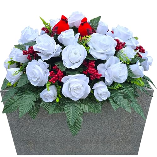 Christmas Memorial Saddle with White Roses, Red Berries, and Red Birds - Winter Memorial Flowers for Grave, Headstone, or Funeral Flowers