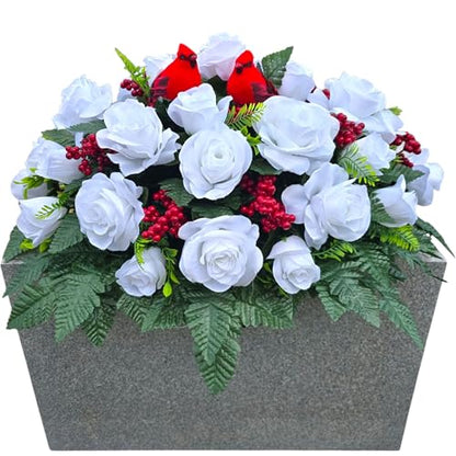 Christmas Memorial Saddle with White Roses, Red Berries, and Red Birds - Winter Memorial Flowers for Grave, Headstone, or Funeral Flowers