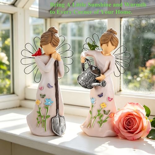 Gardening Gifts for Women - 2 Piece Unique Garden Angel Figurine | 5.9"with Watering & Shovel, Housewarming Gift for Mom Grandma Friend, Sculpted Resin Angel Statues & Friendship - style: Gardening