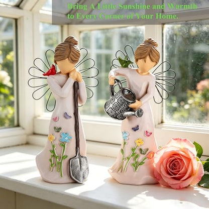 Gardening Gifts for Women - 2 Piece Unique Garden Angel Figurine | 5.9"with Watering & Shovel, Housewarming Gift for Mom Grandma Friend, Sculpted Resin Angel Statues & Friendship - style: Gardening