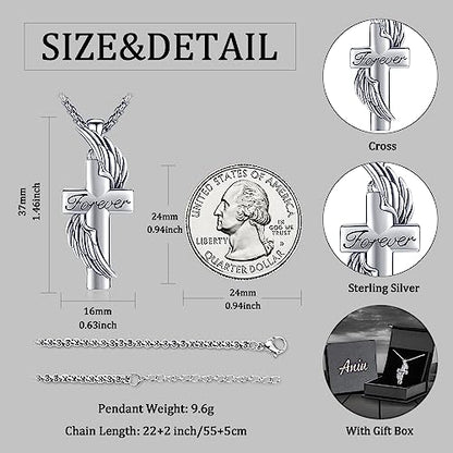 Aniu S925 Sterling Silver Urn Necklace Cremation Jewelry for Ashes - color: Cross Angel Wing-B