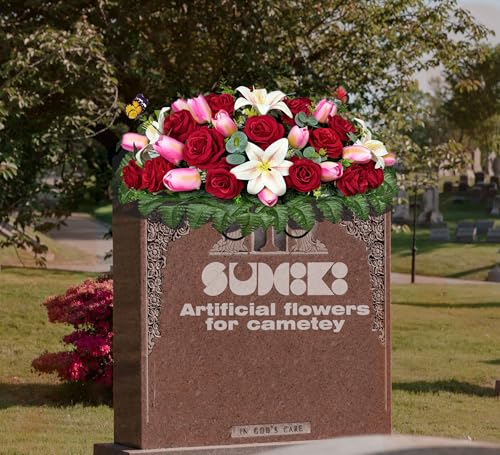 Artificial Cemetery Flowers - Headstone Flower Saddle，Non-Bleed Colors, and Easy Fit - Pink Tulip，White Lily and Red Rose Bouquet