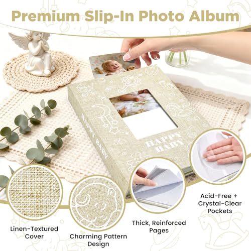 Baby Photo Album 4x6 300 Pockets with Memo Area, Photo Stickers & Hand and Footprint Kit, Linen Cover Baby Memory Book with Front Window, First Year Keepsake for Newborn Boy Girl - color: Beige