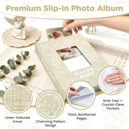 Baby Photo Album 4x6 300 Pockets with Memo Area, Photo Stickers & Hand and Footprint Kit, Linen Cover Baby Memory Book with Front Window, First Year Keepsake for Newborn Boy Girl - color: Beige