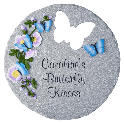 Let's Make Memories Personalized Garden Décor - Custom Garden Stone - Indoor/Outdoor - for Mom or Grandma - for Her - Engraved - Durable Resin - Butterfly Stone - style: Any Message - Large Round Butterfly Cutout