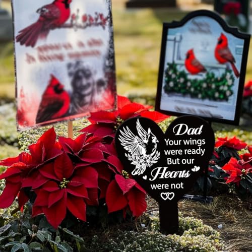 GLOBLELAND Heart Shaped Cardinal Flowers Garden Stake for Father Memorial Remembrance Plaque Stake Cemetery Dad Acrylic Waterproof Sympathy Garden Stakes for Yard Grave Cemetery - style: Cardinal Flower Father