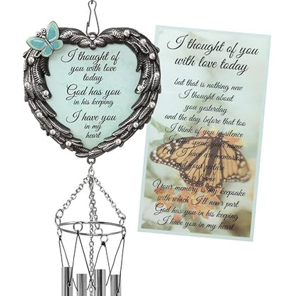 Memorial Wind Chimes Sympathy Gift for Loss of Loved One, Heart Angel Wings & Butterfly Design, “I Thought of You with Love Today” Remembrance Wind Chime, Bereavement Gift for Family or Friends, 23"