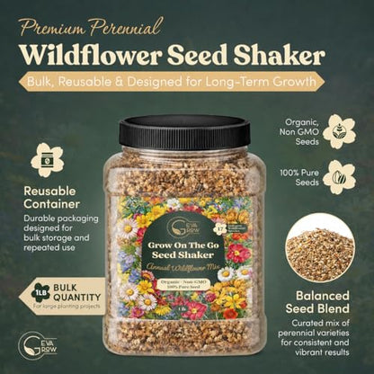 Wildflower Seed Shaker – Annual Mix by GevaGrow | 17 Variety Flower Seeds for Planting in Pots & Outdoor Gardens, Bulk 300,000+ Seeds - 1 Pound Tub - size: 1 Pound Tub, style: Annual Wildflower Mix