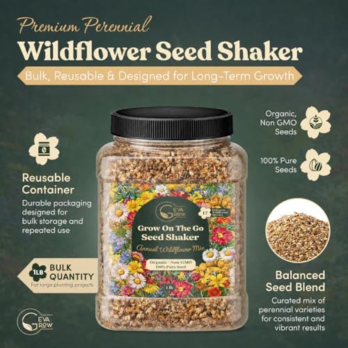 Wildflower Seed Shaker – Annual Mix by GevaGrow | 17 Variety Flower Seeds for Planting in Pots & Outdoor Gardens, Bulk 300,000+ Seeds - 1 Pound Tub - size: 1 Pound Tub, style: Annual Wildflower Mix