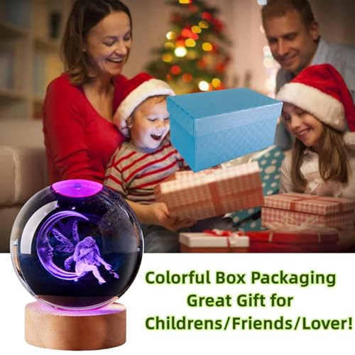 Large Moon&Fairy Crystal Ball Night Light with Woodern Base, 3D Fairy Crystal Lamp 16 Color Changing with Remote Control, Laser Engraved Fairy Glass Ball Lamp, Room Decor (Moon&Fairy) - style: Moon&Fairy