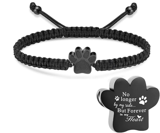 Hearbeingt Paw Print Urn Bracelet for Ashes Pet Cremation Jewelry | Stainless Steel,Adjustable Braided Rope,Mini Ash Holder for Dog Cat,Memorial Keepsake Jewelry, Bereavement Gift Pet Loss - color: B-Black