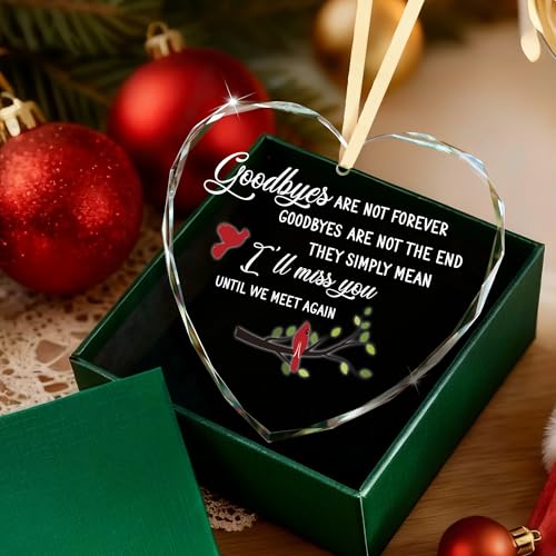 Sympathy Gifts – Heart Glass Ornament for Memorial Gifts, Condolence, Bereavement, In Loving Memory Keepsake with Cardinal Bird Design for Loss of Mother Father Friend or Pet, Goodbyes Are Not Forever - style: Heart-Goodbyes Are