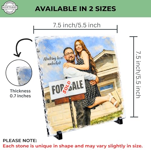 Personalized Photo Rock Slate Frame - First Home - Square Shape | Custom Stone Plaque Picture Frame, Our First Home Personalized Photo Frame, Customizable Picture Frame in Two Sizes - color: First-Home-Slate