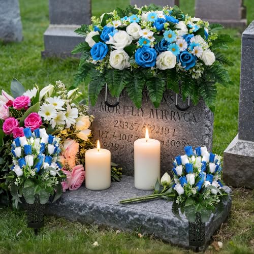 Giegxin 5 Set Artificial Cemetery Flowers for Grave, Headstone Flower Saddle Gravesite Decoration Roses Memorial Bouquets with Vase for Cemetery Decorations Non-Fading Easy Fit(Blue and White)