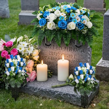 Giegxin 5 Set Artificial Cemetery Flowers for Grave, Headstone Flower Saddle Gravesite Decoration Roses Memorial Bouquets with Vase for Cemetery Decorations Non-Fading Easy Fit(Blue and White)