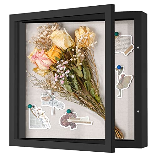 11x11 Shadow Box Frame with Linen Back - Sturdy Rustic Memory Display Case of Flower, Pictures, Medals and More, Black - color: Black, size: 11x11