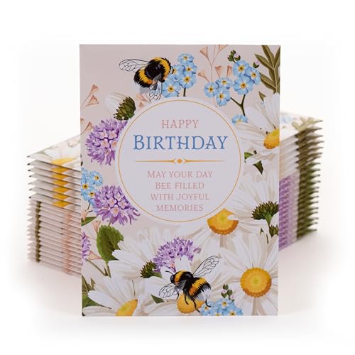 Happy Birthday Bee Forget Me Not Seed Packets - Set of 25 - Thank You Gifts - Wildflower Seeds for Planting - Floral Gifts - Thank You Card - Wild Flowers Bulk - style: Happy Birthday