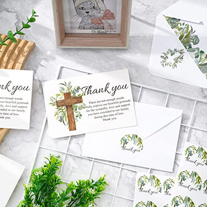 AnyDesign 48Pcs Funeral Thank You Cards Sympathy Thank You Cards with Stickers Envelopes Watercolor Greenery Cross Bereavement Card with Message for Memorial Service Loved Ones Celebration of Life