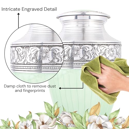 Alpha Living Home Cremation Urn for Human Ashes, Green & Silver - color: Green Silver, size: Hand Engraved
