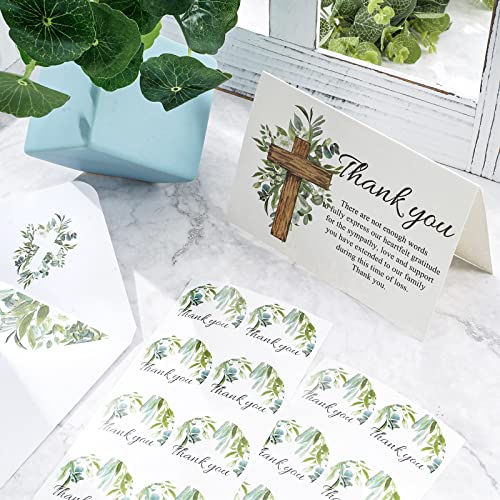 AnyDesign 48Pcs Funeral Thank You Cards Sympathy Thank You Cards with Stickers Envelopes Watercolor Greenery Cross Bereavement Card with Message for Memorial Service Loved Ones Celebration of Life
