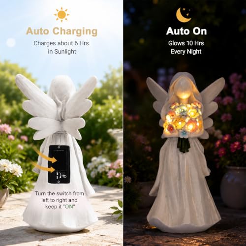 Goodeco Solar Angel Statue with Bouquet LED Light Garden Decor - color: White Angel