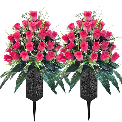 Mirevielyn 2 Pack 24-Stem Artificial Rose Cemetery Flowers with Vases - color: Pink