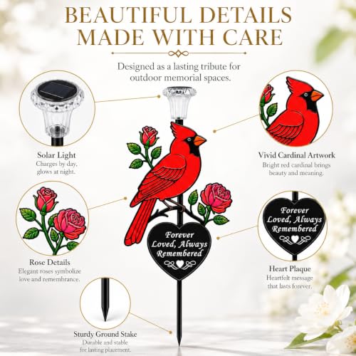 Solar Cardinal Memorial Garden Stake with 'Always Loved, Never Forgotten' Sentiment, Red Bird and Rose Design (Heart Shaped)