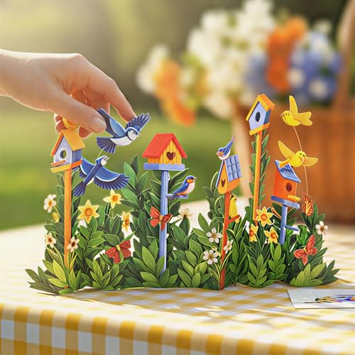 Freshcut Paper Pop Up Cards, Mini Birdhouse Garden, 9 Inch Life Sized Forever Flower Bouquet 3D Popup Greeting Card, Birthday Cards, Thank You Card, Blank Notecard & Envelope - color: Birdhouse Garden, size: Mini