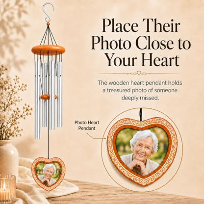 34 Inch Memorial Wind Chimes for Outside, Wooden Photo Frame Heart Pendant - color: Silver