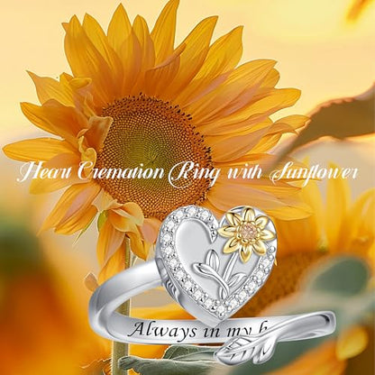 925 Sterling Silver Heart Urn Ring for Ashes for Women - Cremation Jewelry Keepsake Thumb Rings Adjustable with Rose/Sunflower Gift for Lost Of Love Ones Human Adult Pet - style: Heart-Sunflower