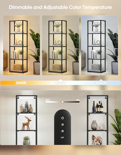 PARTPHONER Large Glass Display Shelf with Remote Control, Dimmable LED Floor Lamp with Shelves, Open Display Cabinet, 3 Color Temperature Control, Black