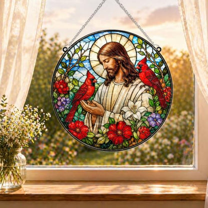 Jesus with Cardinals Memorial Suncatcher, 8" Christian Stained Glass Wavy Acrylic Window Hanging, Sympathy Gift for Loss of Loved One, Mom, Dad, Grandma, Family Members, Religious Gifts for Women - color: Jesus With Cardinals