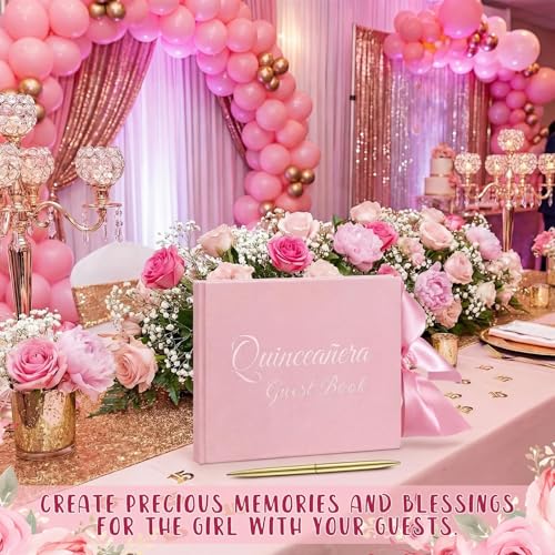 Panelee Velvet Quinceañera Guest Book with Pen Pink Sign in Log with Bow 15 Year Anos Quince Book 144 Page Signature Guest Sign in Keepsake Album for Birthday Party Keepsake Gift - color: Pink