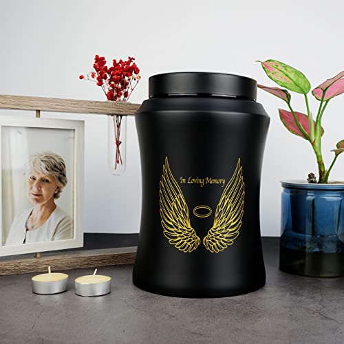 Up to 220 lbs Large Cremation Urns for Adult Human Ashes, Angel Wings in Loving Memory Decorative Funeral Burial Urn for Male Female Ashes with Velvet Bag(Black) | Full Size 220 lbs Capacity, Stainless Steel Material, Sealing Well & Waterproof, Funeral &