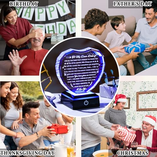 YWHL Gifts for Dad from Daughter Son with Colorful Light Base Birthday Gifts for Dad Crystal Heart Keepsake Thank You Gift Idea To My Father Present on Fathers Day Christmas Thanksgiving - color: Dad Gifts