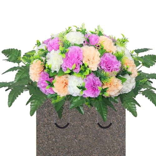 Artificial Cemetery Silk Flowers Saddle,Carnation Cemetery Headstone Flower Saddle, Memorial Flowers for Outdoor Tombstone Headstone Decorations (Purple Beige White) - color: Purple Beige White