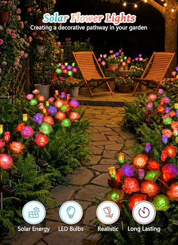 Brightown Solar Garden Lights, 4 Pack 7-Color Changing Rose Flower Lights - color: 7 Color Rose
