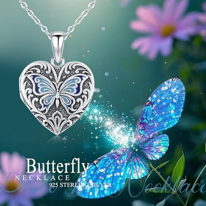 Heart Photo Locket Necklace Sterling Silver for Women | Dragonfly, Butterfly, Turtle, Dog Paw and Mother Daughter Styles, Jewelry Gifts for Mom Christmas Birthday Anniversary. - style: 2-Butterfly