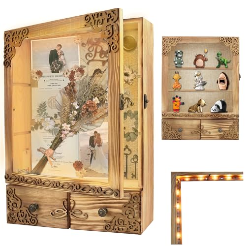 11x16 Shadow Box Frame with Light, Wedding Memorial Display Case with Shelves, Drawer and Slot for Keepsakes Large Deep Shadow Box for Flowers,Wedding Gift, Rustic Wood - color: Wood With Drawers