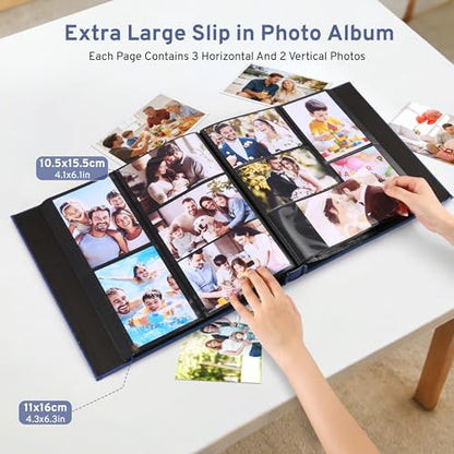 DazSpirit 4x6 Photo Album, 600 Pockets, Leather Cover, Slip-In Pages | Embossed Leather Cover, Extra-Large Memory Book for Wedding, Baby, Anniversary and Family Photos, Dark Blue - color: Dark Blue
