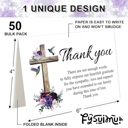 FYSUIMU 50Pcs Funeral Thank You Cards Boxed Purple Floral Cross Sympathy Thank You Cards with Sticker Envelope Bereavement Card for Memorial Service Loved Ones Celebration of Life - style: Purple Floral